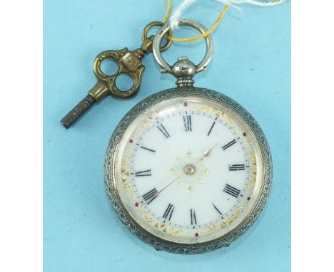 A Continental 935 silver-cased open-face key-wind pocket watch, the white enamel dial with Roman numerals and gilt decoration