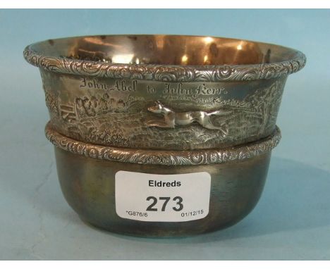 A Victorian oval silver bowl with a hunting scene and inscribed "John Abel to John Kerr", 8cm high, 12cm wide, London 1841 __