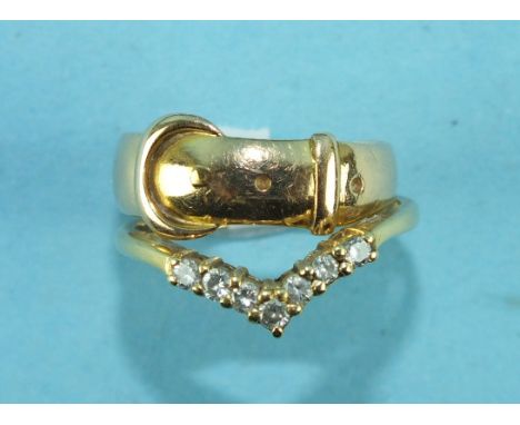An 18ct gold ring set seven brilliant-cut diamonds, size M½, 2.2g and an 18ct gold buckle ring, size L, 3.2g, (2).