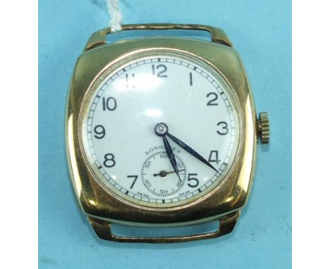 Longines, a gentleman's 1940's 9ct gold cased wrist watch of cushion shape, the circular white dial with Arabic numerals and 