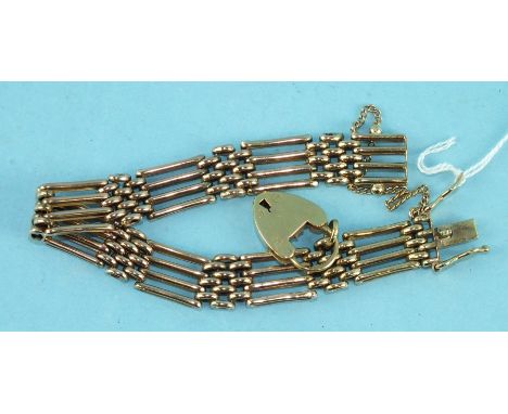 A rose gold gate-link bracelet with concealed clasp and padlock charm, 18.8g.