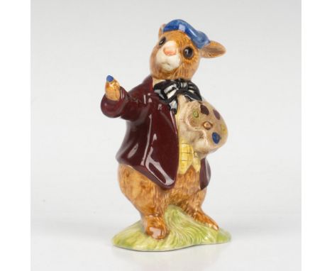 A painter wearing a dark red jacket, blue hat, and black bow tie, holding a palette and has blue paint on his finger. Royal D