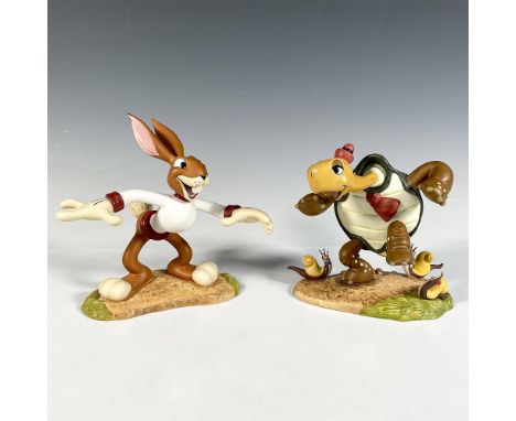 Porcelain figures Tortoise - Slow But Sure - 6"H and The Hare - The Blue Streak - 6.25"H. Colored in brown, white, green and 