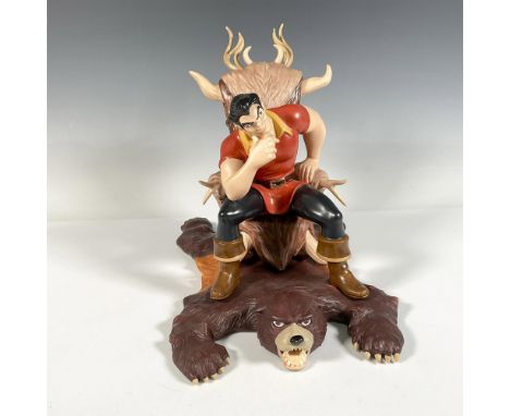 Porcelain Gaston, Beauty and the Beast, sitting in his beast chair on his bear skin rug contemplating. Colored in red, black,