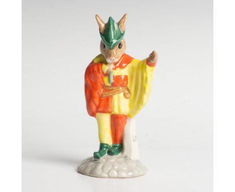 A medieval entertainer putting on a performance. Dressed in red, yellow, and green. Royal Doulton backstamp. Artist: K. Curti
