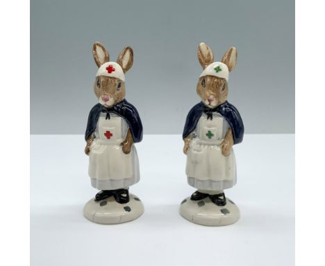 2pc Royal Doulton Nurse Bunnykins Figurines, Red and Green Cross DB74. Nurse Bunnykins in a blue outfit with a white apron, n