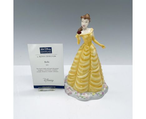 This hand-painted glossy figurine depicts Belle from Beauty and the Beast in her yellow ball gown and holding a rose in her d