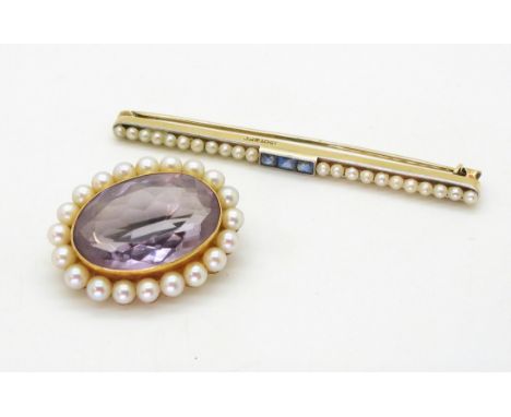 TWO VINTAGE BROOCHES A 15ct and platinum bar brooch set with blue gems and pearls, length 6.2cm, weight 4.6gms, together with