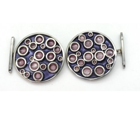 NORMAN GRANT CUFFLINKS from the 'Honesty collection' mounted in silver and enamelled in pink and purple. Edinburgh hallmarks 