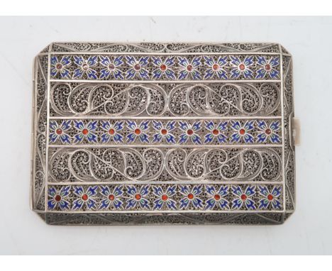A PORTUGESE SILVER FILIGREE ENAMEL CIGARETTE CASE Gondomar, of canted rectangular form, with enamel lozenge bands, 11.5 x 8cm