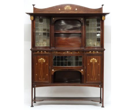 A LATE VICTORIAN ART NOUVEAU MAHOGANY,SAMPLE WOOD AND MOTHER OF PEARL INLAID A. GARDNER &amp; SON DISPLAY CABINET&nbsp;with s