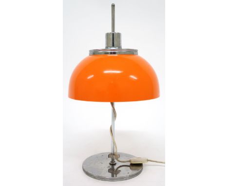 A 20TH CENTURY ITALIAN HARVEY GUZINNI "FARO" TABLE LAMP  with orange acrylic height adjustable shade on chromed upright and c