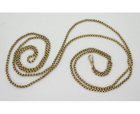A 9CT GOLD GUARD CHAIN the vintage chain is a bright cut double belcher link with 9ct soldered on tag to the chain end and st