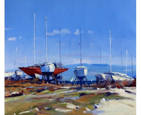 HELEN M TURNER (SCOTTISH b.1937) THE BOATYARD LOCH RYAN Oil on canvas, signed lower left, 66 x 75cm (26 x 30") Presents in go