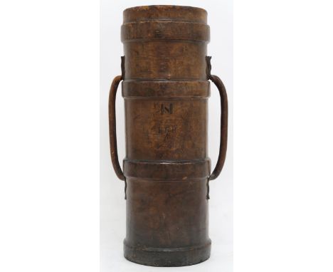 A 19TH CENTURY LEATHER ARTILLERY CORDITE (SHELL CARRIER)&nbsp; cylindrical body with raised bands and twinned leather carry h
