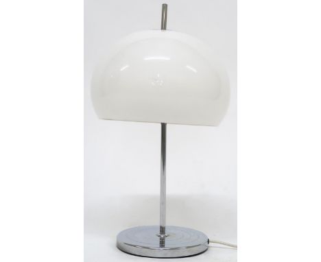 A 20TH CENTURY AFTER HARVEY GUZINNI TABLE LAMP  with white acrylic shade on chromed upright and circular base, 56cm high x 31