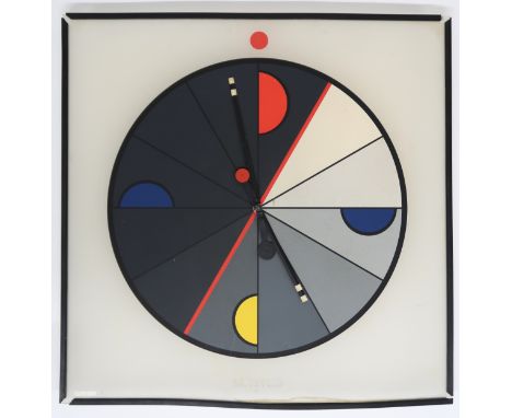A MID 20TH CENTURY KURT B. DELBANCO FOR MORPHOS WALL CLOCK&nbsp;with multicoloured stylistic dial, 82cm high x 82cm wide