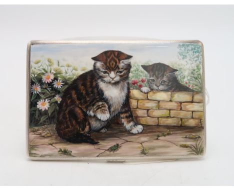 A PICTORIAL SILVER ENAMEL CIGARETTE CASE maker's mark FG, Birmingham 1945, of rectangular form, depicting two cats playing wi