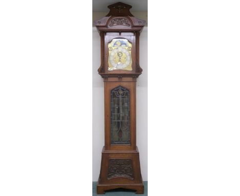 AN IMPRESSIVE ARTS &amp; CRAFTS OAK CASED&nbsp;CHIMING MOONPHASE LONGCASE CLOCK RETAILED BY "THE ASSOCIATION OF DIAMOND MERCH