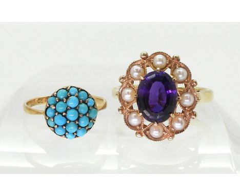 TWO VINTAGE RINGS A 9ct gold amethyst and pearl ring, size O, together with a turquoise bombe shaped ring, finger size G, wei