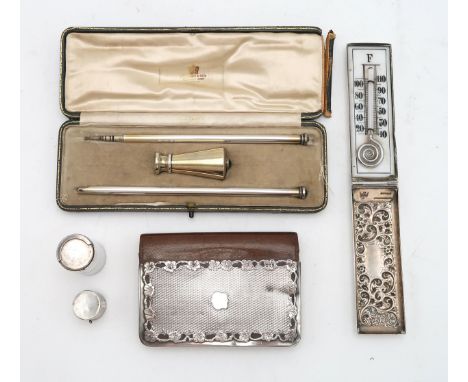 A SILVER PASTE GEM INSET WRITING SET London, maker's marked rubbed, comprising propelling pencil, a quill pen and seal, inset