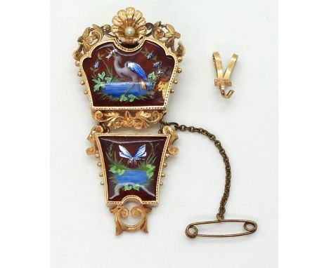 HERON &amp; DRAGONFLY BROOCH a yellow metal pendant brooch set with European guilloche enamel panels depicting a heron with a