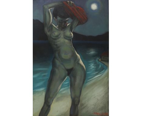 PETER HOWSON OBE (BRITISH b.1958) NUDE BY A MOONLIT BEACH Oil on canvas, signed lower right, signed and dated 1988 verso, 77 