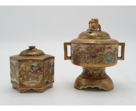 A SATSUMA KORO AND COVER with kylin finial above angular handles and painted with birds and foliage, 16cm high and a hexagona