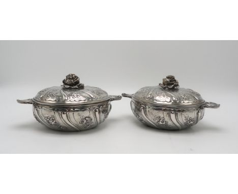 A PAIR OF 18TH CENTURY STYLE FRENCH SILVER ECUELLES AND COVERS probably 19th century,  with Paris discharge mark, further mar