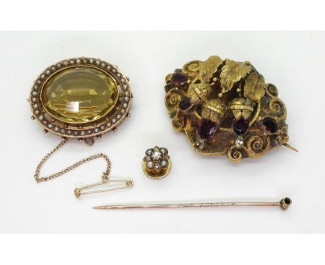 THREE JEWELS a 9ct citrine and pearl brooch set with a 24mm x 19mm facet cut citrine, with a studded galleried mount set with