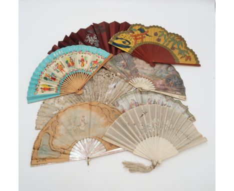 A COLLECTION OF 19TH CENTURY AND LATER FANS including a probably French hand painted example with mother of pearl sticks, sil