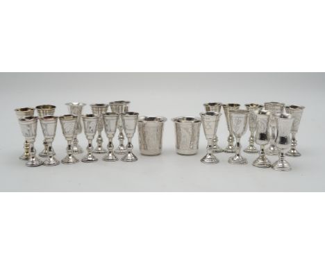 A COLLECTION OF SILVER KIDDUSH CUPS including a pair by&nbsp;Moses Salkind &amp; Co, London 1901, another pair by the same ma