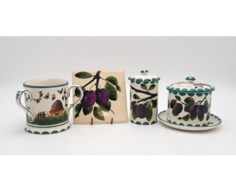 A COLLECTION OF GRISELDA HILL PLUM PAINTED POTTERY including a biscuit jar and cover, 11.5cm, a tall pot and cover, 15cm tall