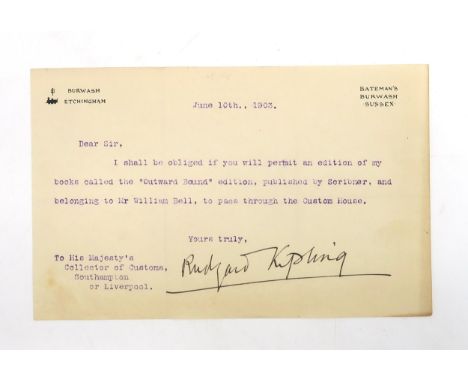 RUDYARD KIPLING: A LETTER SIGNED BY THE AUTHOR Dated June 10th 1903, on stationary headed&nbsp;Bateman's, Burwash, Sussex and