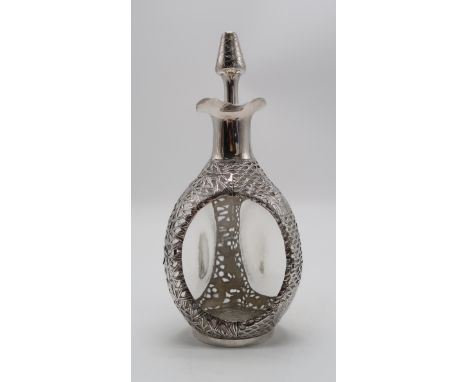 A CHINESE EXPORT SILVER OVERLAID DIMPLE DECANTERstamped Sterling and with maker's mark, the 'Haig' decanter overlaid with ope