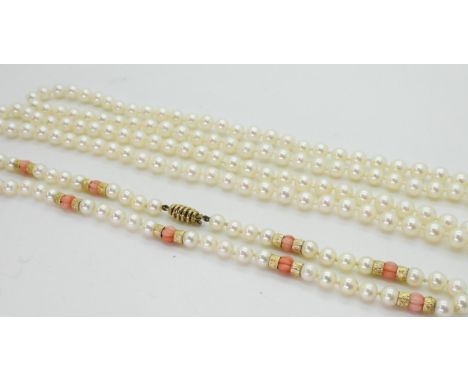 TWO STRINGS OF PEARLS a string of Mikimoto pearls with coral and 9ct gold bead details, the tongue of the 9ct decorative clas