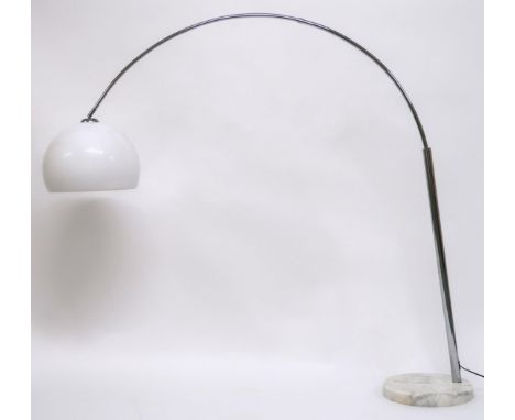 A 20TH CENTURY INVICTA INTERIORS ARC FLOOR LAMP&nbsp; with white acrylic dome shade suspended from chromed arced support on w