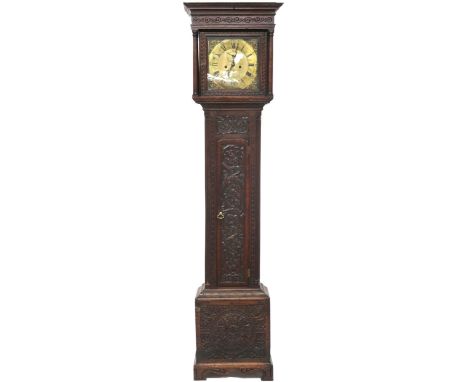 A 19TH CENTURY ORNATELY CARVED OAK CASED LONGCASE CLOCK&nbsp; with square brass face with brass ormolu mounts, 31cm high x 31