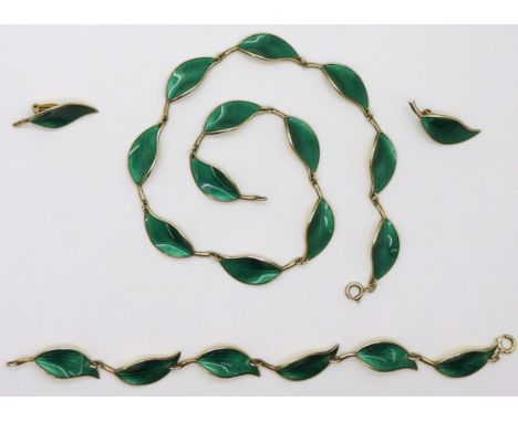 A DAVID ANDERSEN SUITE his classic enamelled green leaf design in silver gilt, designed by Willy Winnaess necklace length 41c