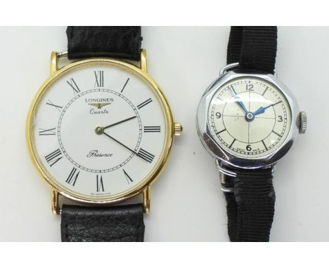 A LONGINES WATCH AND A BUREN WATCH the gold plated Longines Quartz Presence has a white dial with black Roman numerals and ha