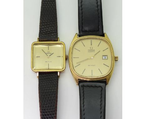 TWO GOLD PLATED OMEGA DE VILLES the gents Omega Quartz De Ville watch has a rounded square case, gold coloured dial, baton nu