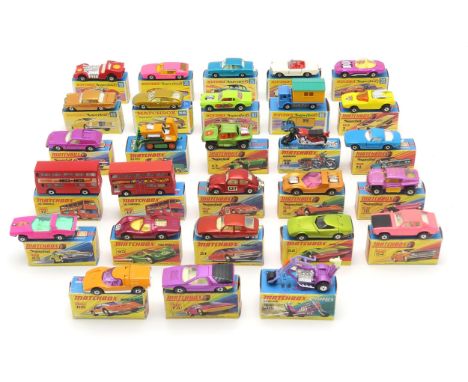 A COLLECTION OF BOXED LESNEY MATCHBOX SUPERFAST MODEL VEHICLES Comprising 19 Road Dragster, 20 Lamborghini Marzal, 25 Ford Co