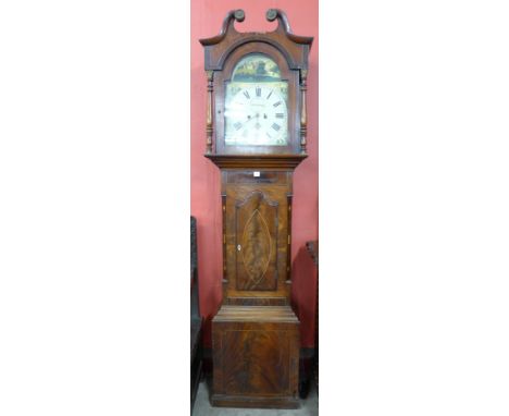 A 19th Century inlaid mahogany 8-day longcase clock, painted arch dial inscribed Thos. Clare, Epworth