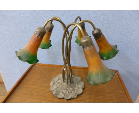 An Art Nouveau tulip style five branch table lamp