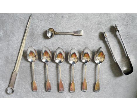 ANTIQUE SILVER, SET OF 6 TEASPOONS GEO. SMITH 1787-90, SUGAR TONGS THO. NORTHCOTE 1809, MEAT SKEWER 1807, WILLIAM IV SALT SPO