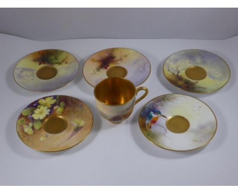 5 ROYAL WORCESTER CABINET CUP SAUCERS HAND PAINTED BY AUSTIN, HIGHLAND CATTLE CABINET CUP SIGNED J.STINTON (CHIPPED) AND A PH