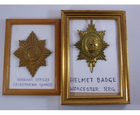 2 HELMET BADGES, COLDSTREAM GUARDS AND WORCESTER REG.