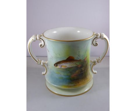 LARGE ROYAL WORCESTER 2 HANDLED TANKARD, DECORATED WITH TROUT, SIGNED W.H.AUSTIN, APPROX. 16 cm, HAIRLINE CRACK TO BASE, JOHN