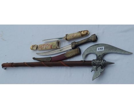 DECORATIVE AXE, ARABIAN SHEATHED KNIFE, DAGGER A/F, SKINNER KNIFE & USA KNIFE