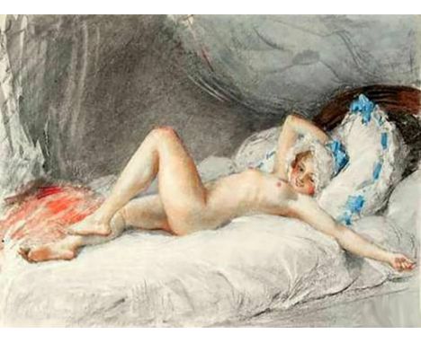 ANTOINE CALBET (1860-1944) RECLINING NUDE, SIGNED AND NUMBERED LITHOGRAPH 117/350, GILT FRAME BY GALERIE ROBIN, MONTE CARLO, 